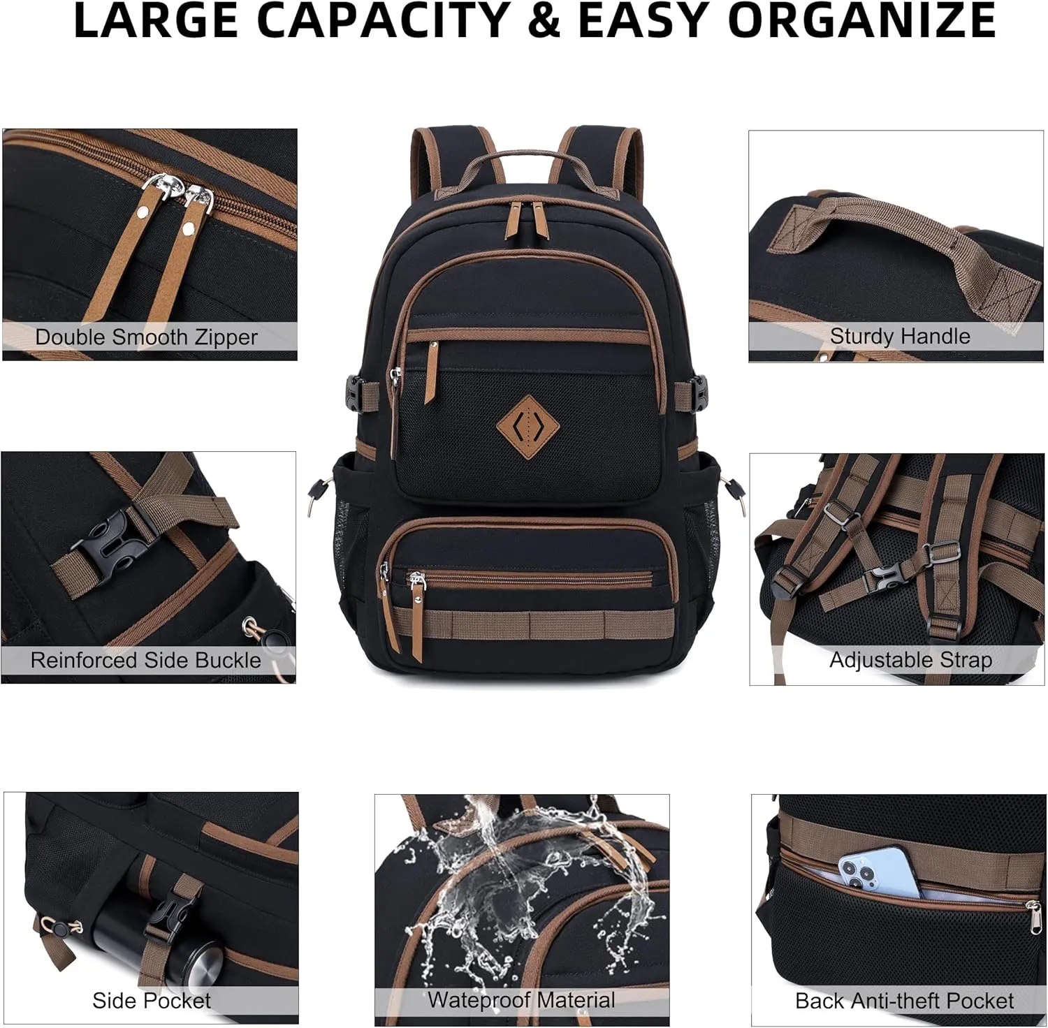 Caoroky knight Laptop Backpacks College Bookbags Women Men Anti Theft Travel Backpacks Large Elementary Middle High School Bags for Kids Teens Girls Boys Students Adults Causal Daypack-Black