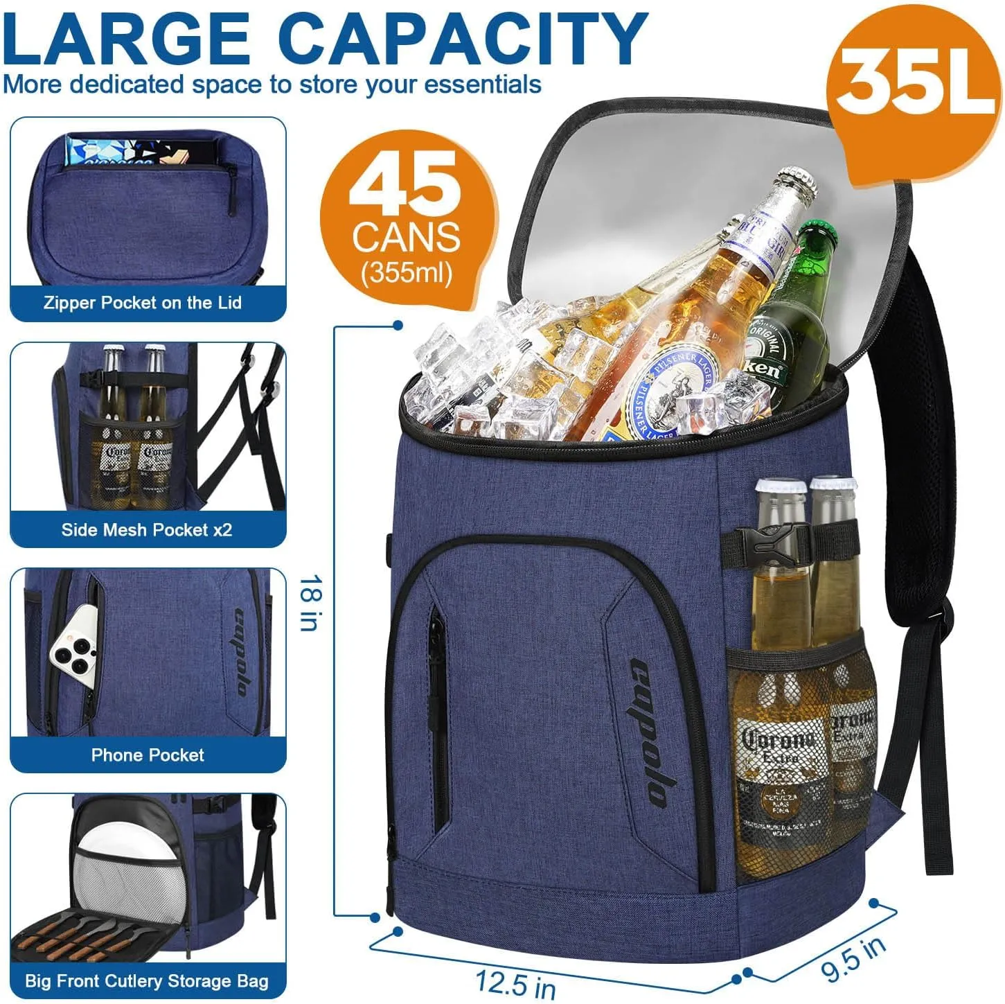 Capolo Cooler Backpack 30/45 Cans, Insulated Thermal Bag Beverage Soft Cooler Lunch Camping Travel Picnic Hiking for Men Women