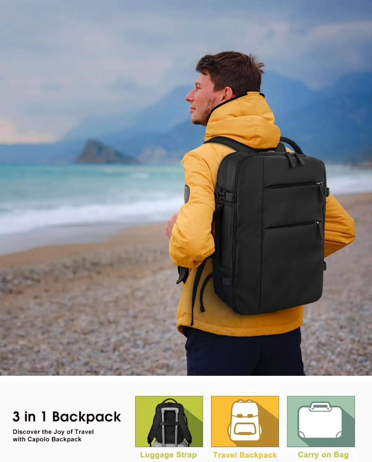 Capolo Travel Backpack for Women Men Waterproof Laptop Backpack Airlines Approved Carry On Backpack Bag Computer Bookbag for Business, Work, Traveling Fits 15.6 Inch Laptop(Black Zipper)