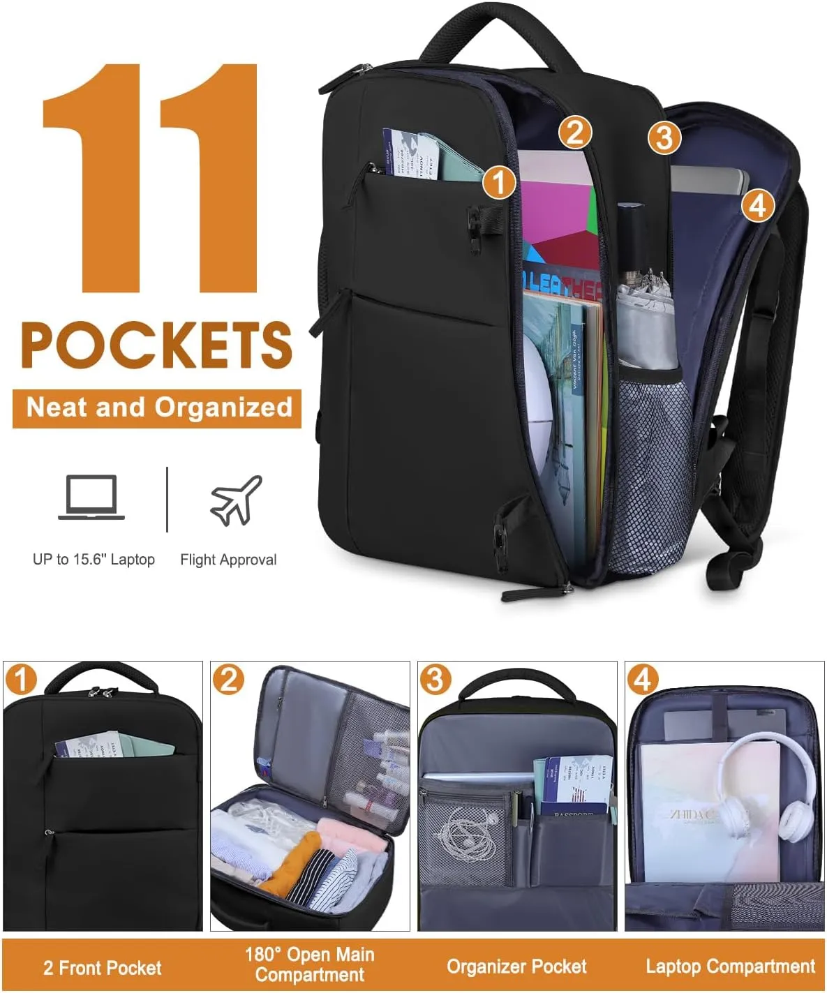 Capolo Travel Backpack for Women Men Waterproof Laptop Backpack Airlines Approved Carry On Backpack Bag Computer Bookbag for Business, Work, Traveling Fits 15.6 Inch Laptop(Black Zipper)