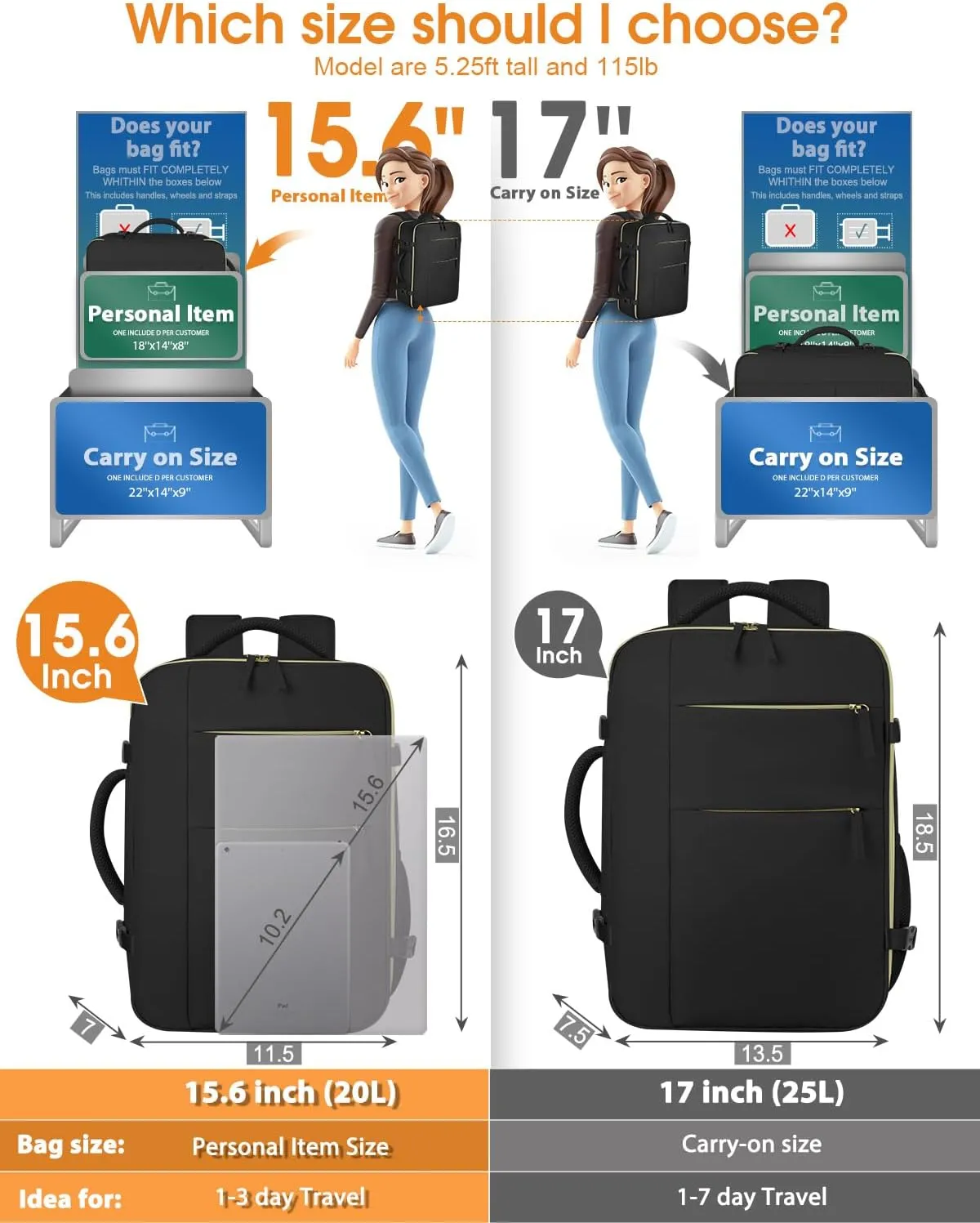 Capolo Travel Backpack for Women Men Waterproof Laptop Backpack Airlines Approved Carry On Backpack Bag Computer Bookbag for Business, Work, Traveling Fits 15.6 Inch Laptop(Black Zipper)