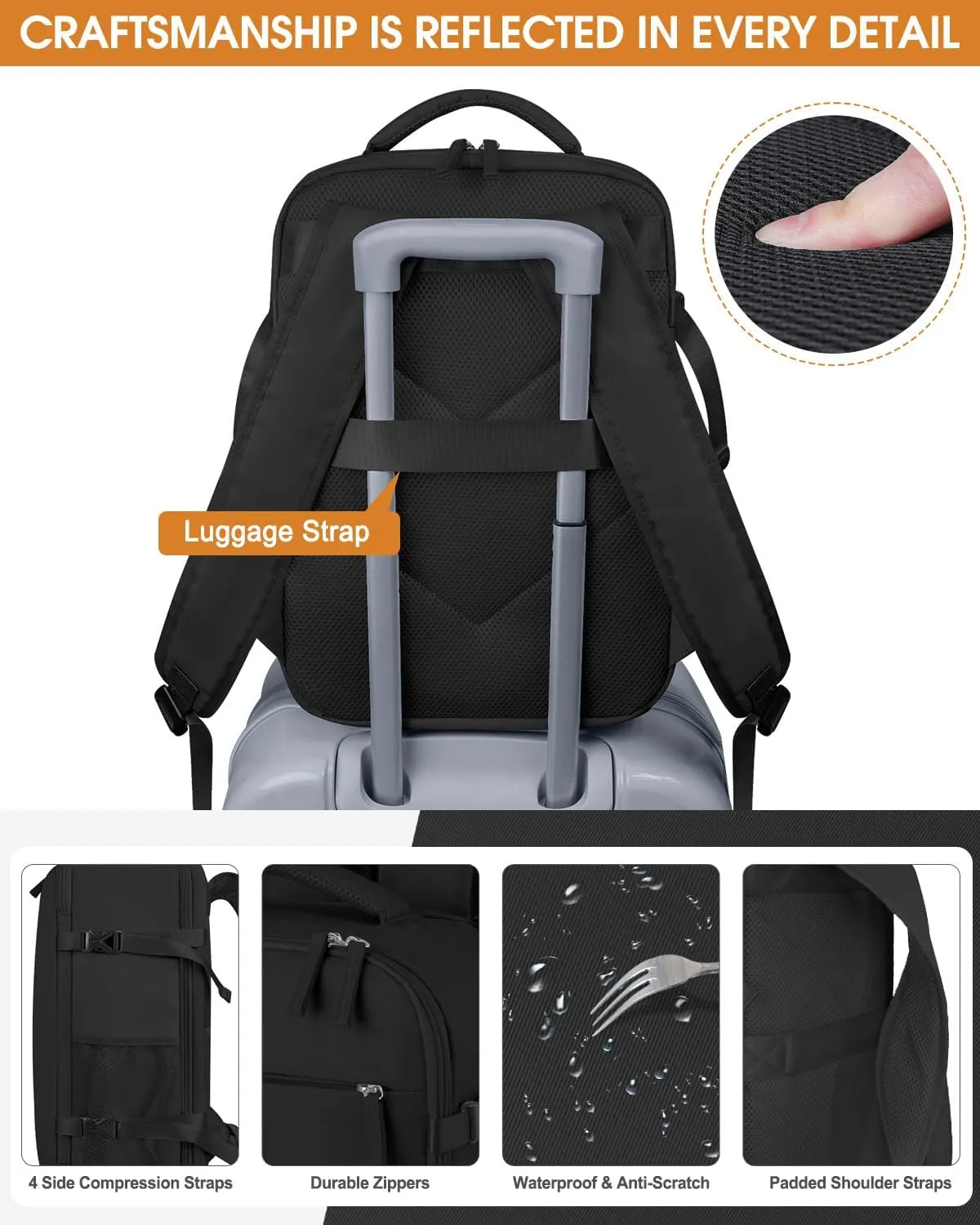 Capolo Travel Backpack for Women Men Waterproof Laptop Backpack Airlines Approved Carry On Backpack Bag Computer Bookbag for Business, Work, Traveling Fits 15.6 Inch Laptop(Black Zipper)