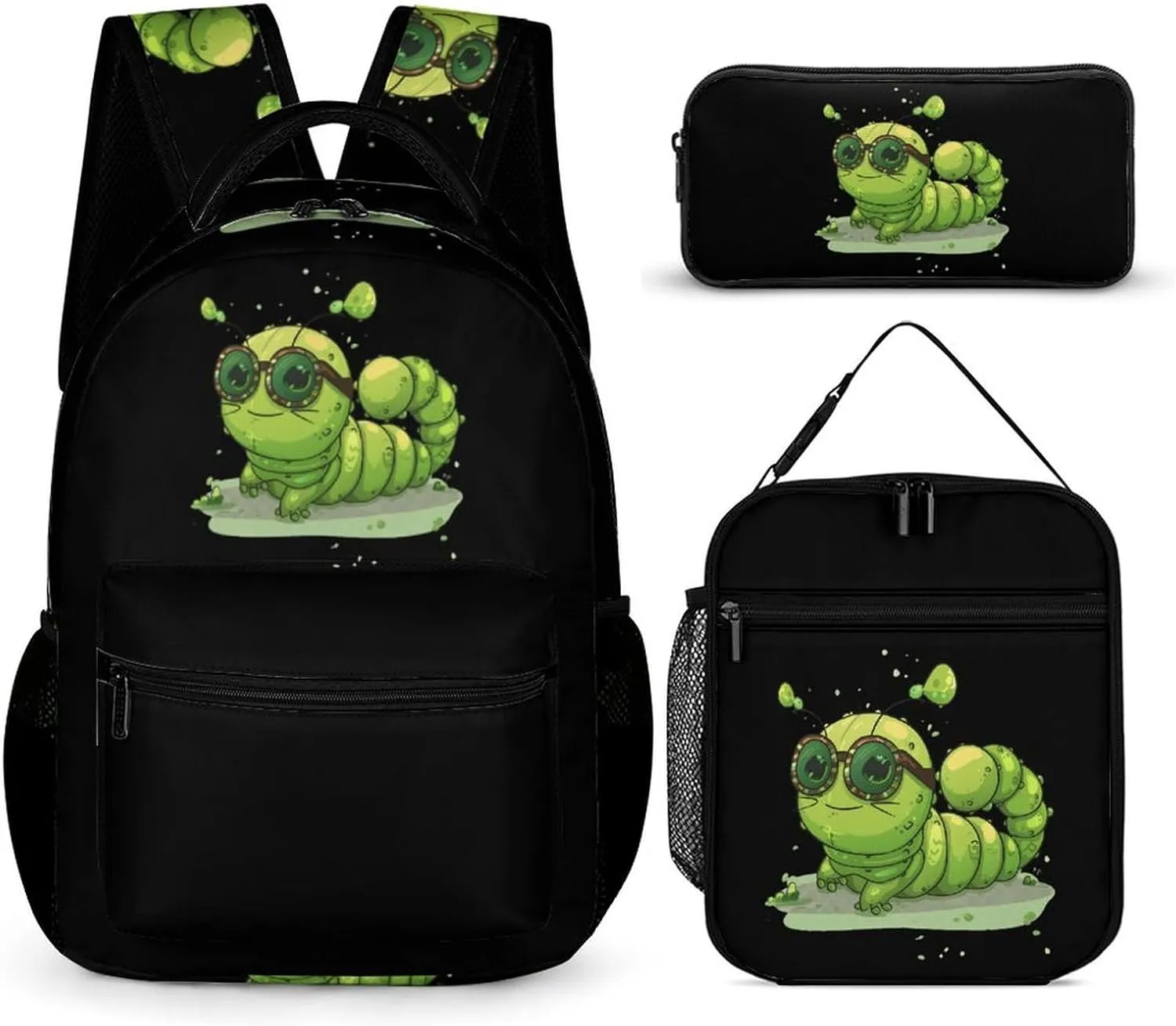 Caterpillar Glasses Insect Bug 3PCS Backpack Set Travel Laptop Daypack with Lunch Bag And Pencil Case