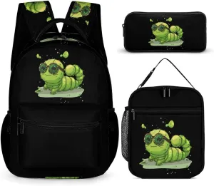 Caterpillar Glasses Insect Bug 3PCS Backpack Set Travel Laptop Daypack with Lunch Bag And Pencil Case