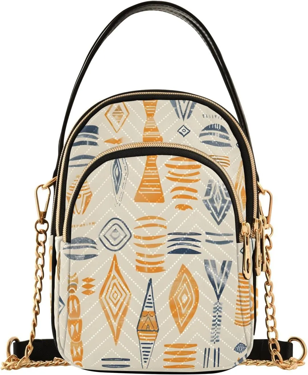 Chain Crossbody Bags for Women Geometric Shapes Ethnic Style Yellow Quilted Shoulder Handbags Travel Cross Body Cell Phone Purses Bags