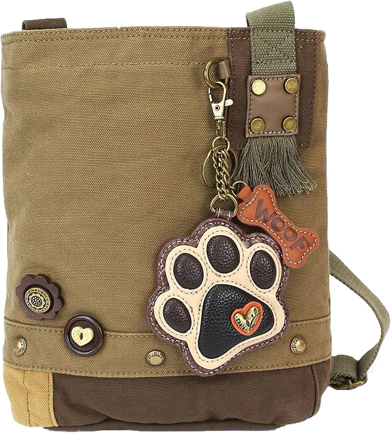 CHALA Patch Cross-Body Women Handbag, Olive Canvas Messenger Bag - Paw Print