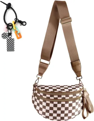 Checkered Crossbody Bag Bum Bag for Women & Charms Spacious Purse, Sling Bags with Shoulder Strap