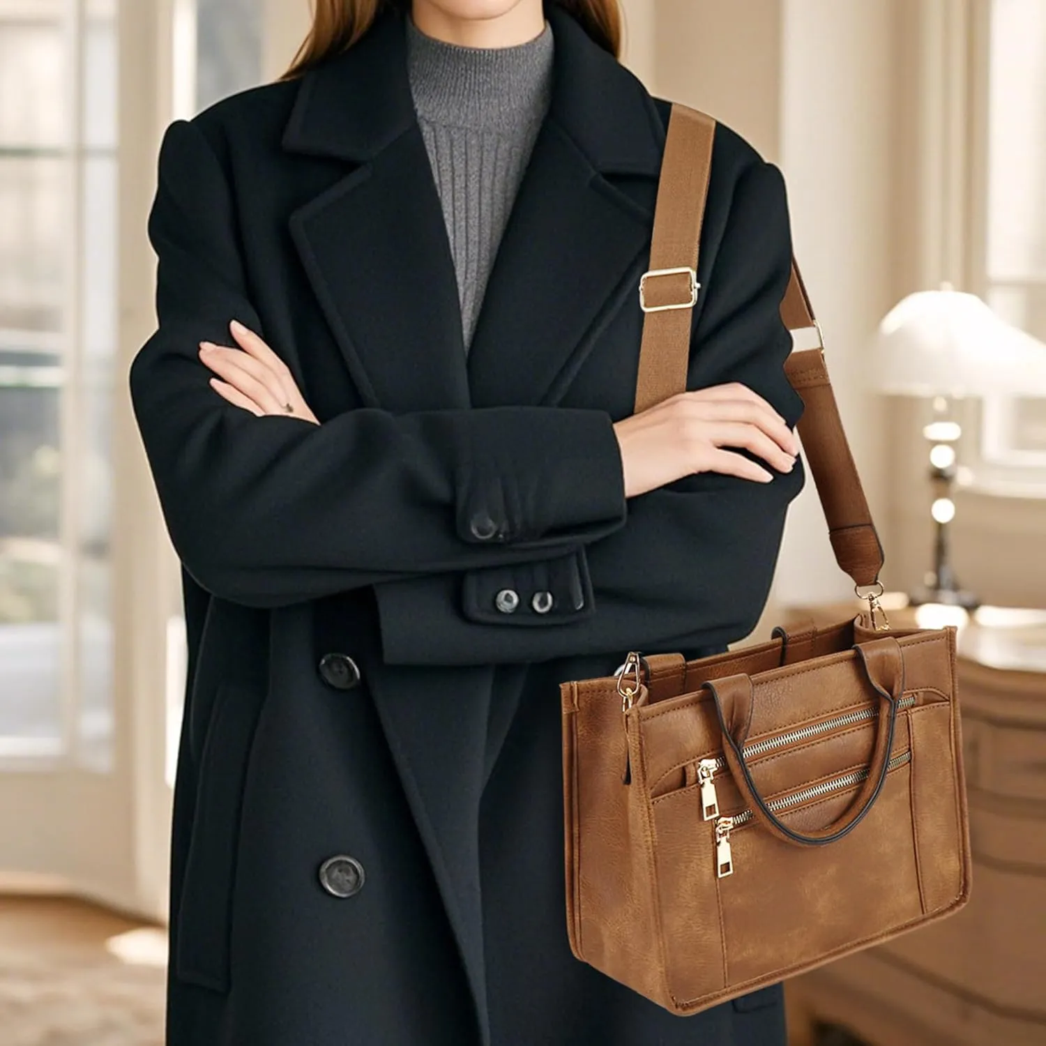 Checkered Crossbody Bag for Women PU Leather Tote Bag Black and White Plaid Pattern Purse Shoulder Bag for Work Travel