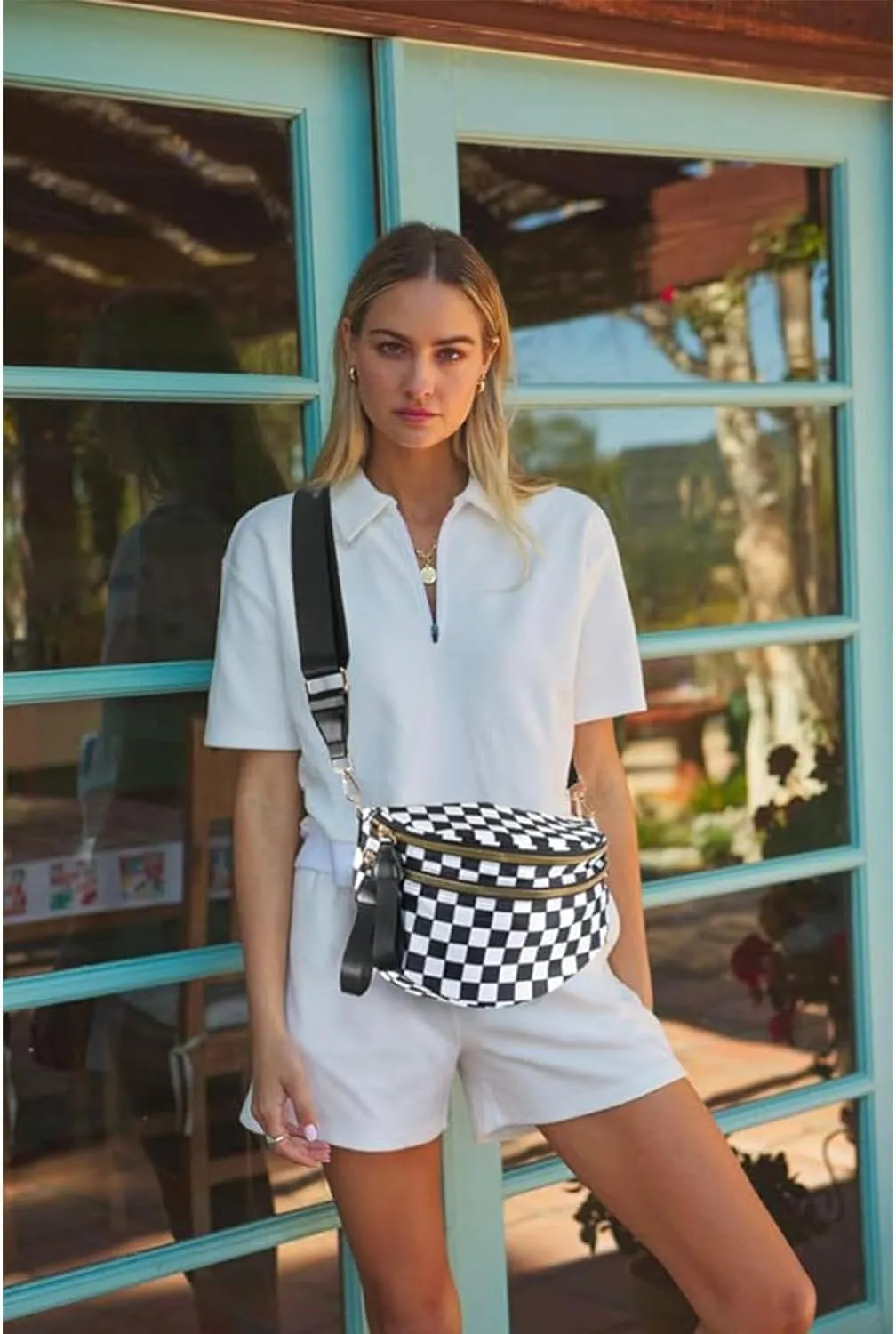 Checkered Crossbody Bum Bag for Women Nylon Checkereds Crossbody Bag Spacious Checkered Purse Bum Bag (Cloudy Purple-A)