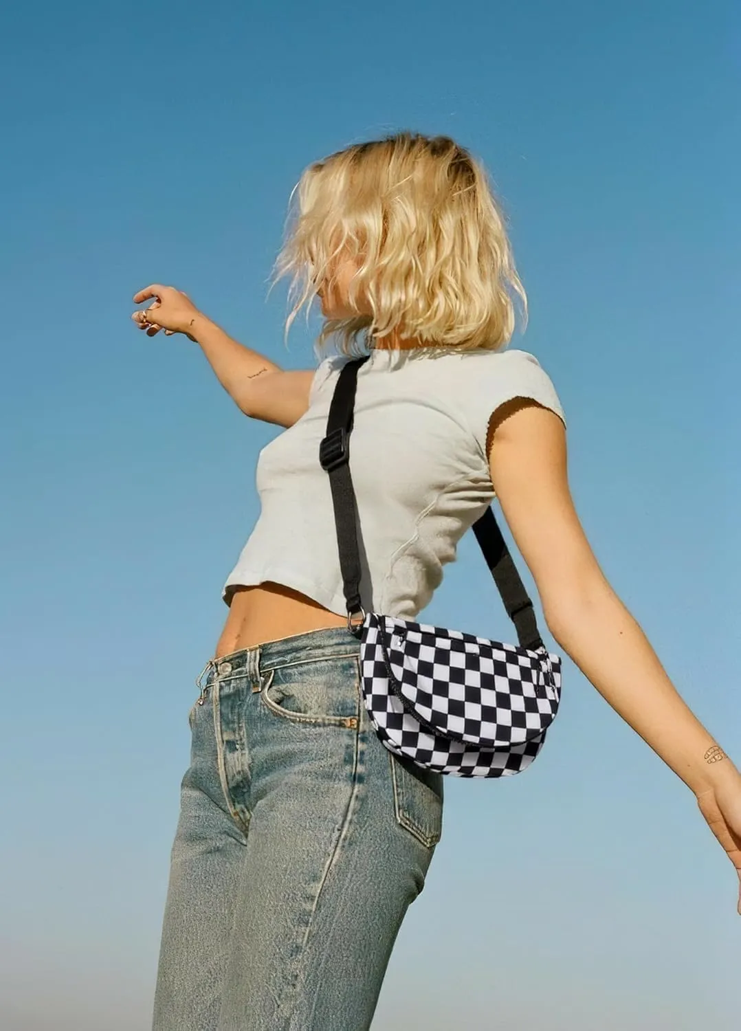 Checkered Crossbody Messenger Bag, Black and White Pattern, Adjustable Shoulder Strap