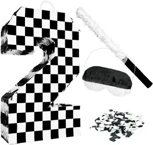 Checkered Number 2 Pinata with Stick and Blindfold Black and White Race Car Pinata for Kids 2nd Birthday Anniversary Racing Car Party Supplies