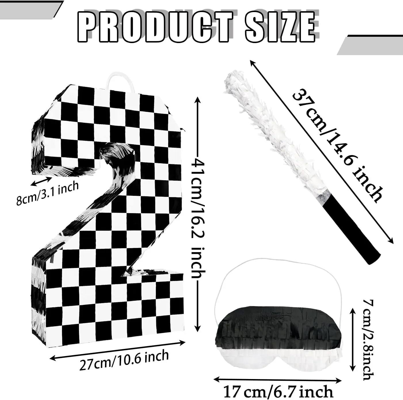 Checkered Number 2 Pinata with Stick and Blindfold Black and White Race Car Pinata for Kids 2nd Birthday Anniversary Racing Car Party Supplies