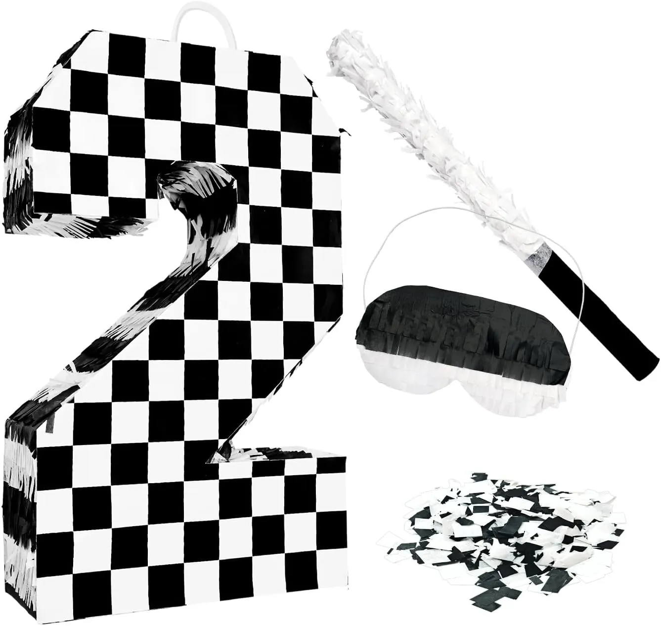 Checkered Number 2 Pinata with Stick and Blindfold Black and White Race Car Pinata for Kids 2nd Birthday Anniversary Racing Car Party Supplies