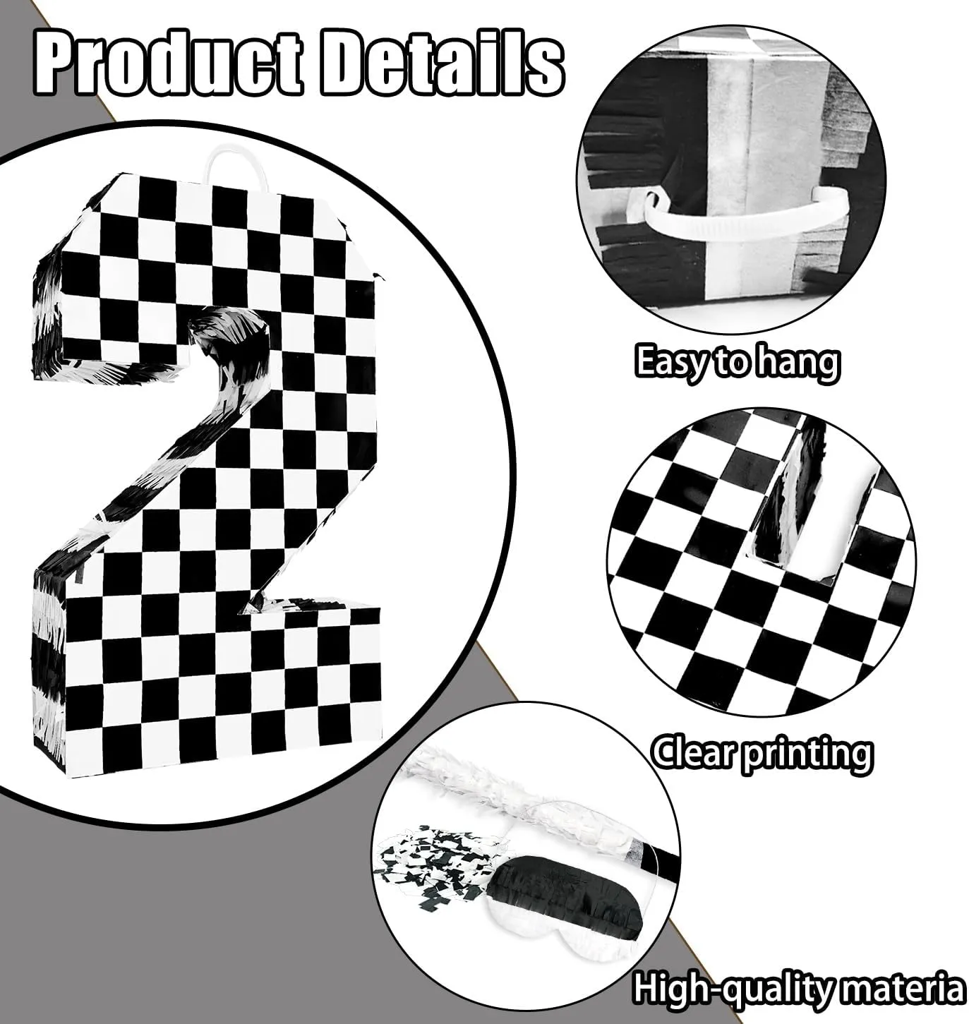 Checkered Number 2 Pinata with Stick and Blindfold Black and White Race Car Pinata for Kids 2nd Birthday Anniversary Racing Car Party Supplies