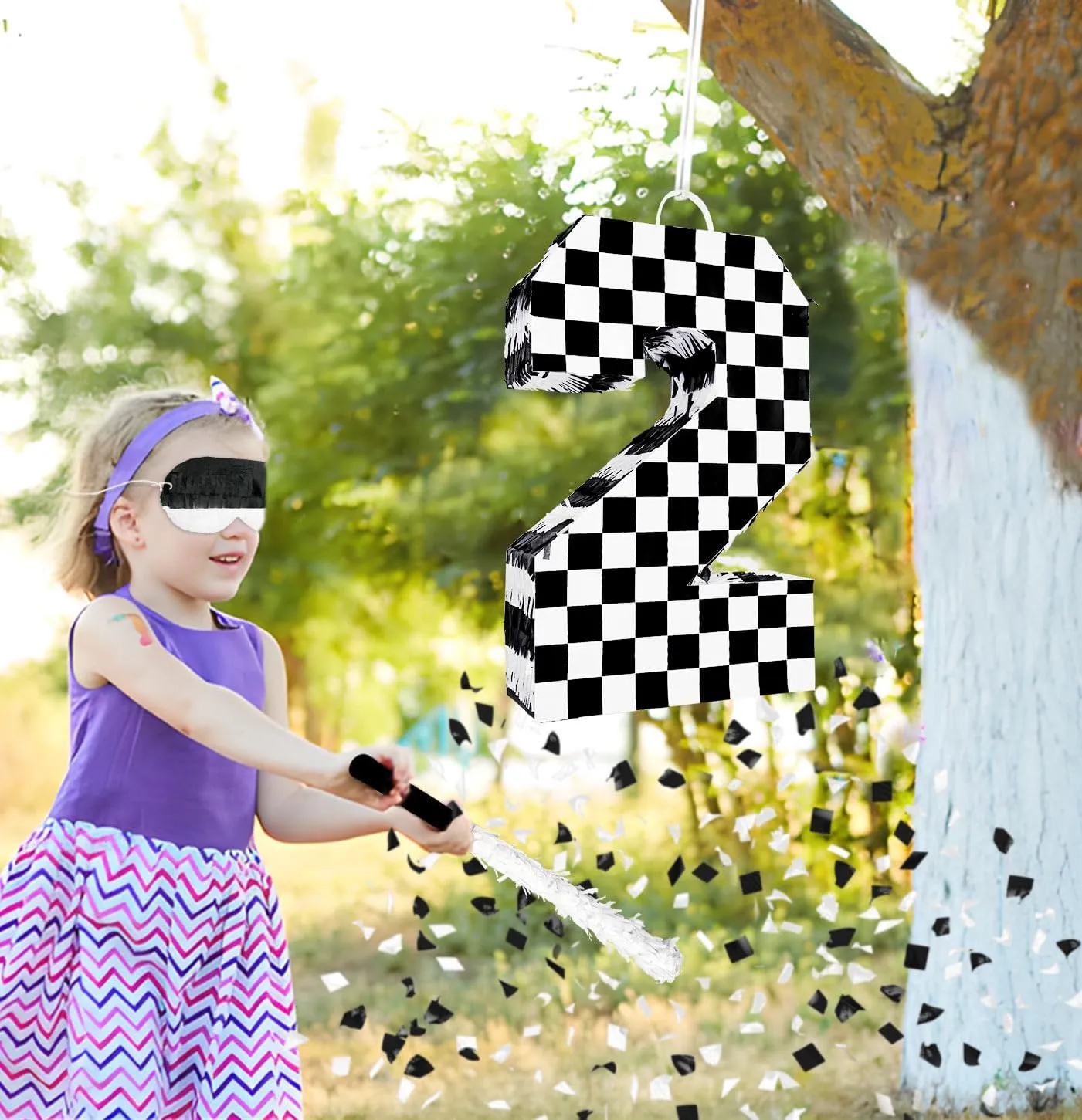 Checkered Number 2 Pinata with Stick and Blindfold Black and White Race Car Pinata for Kids 2nd Birthday Anniversary Racing Car Party Supplies