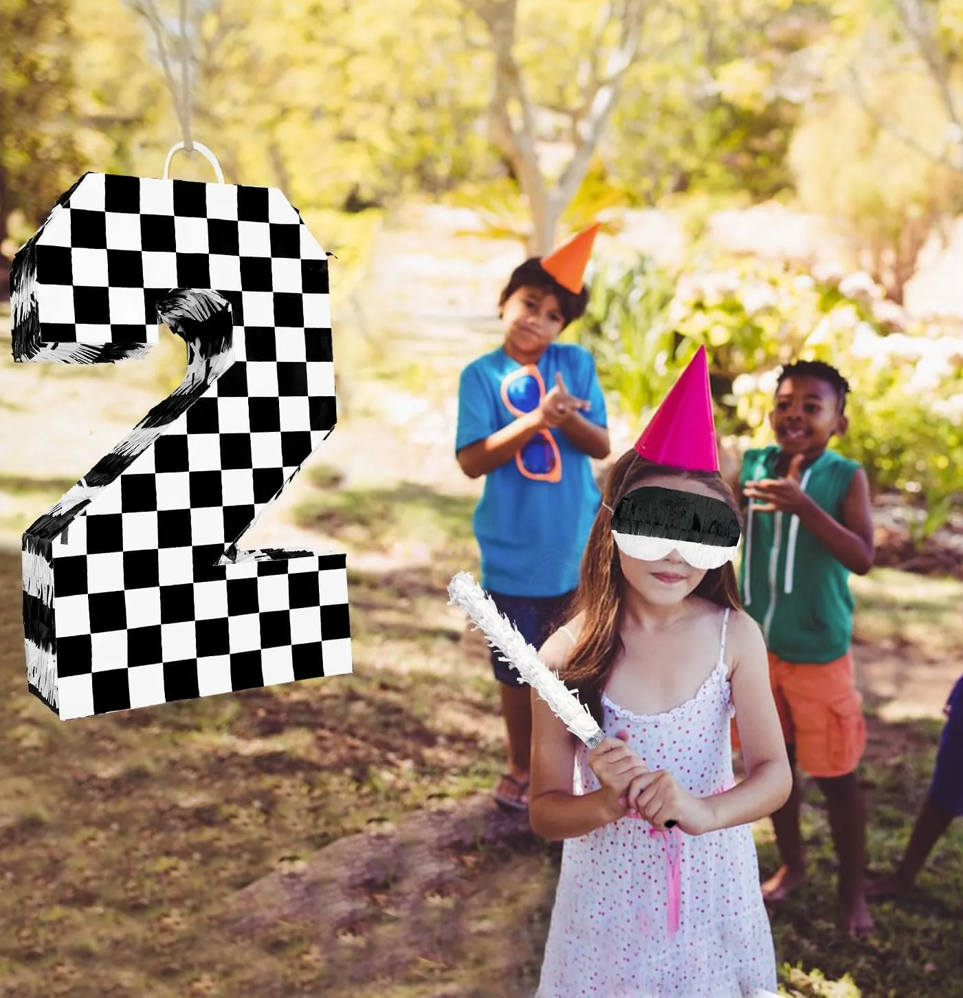 Checkered Number 2 Pinata with Stick and Blindfold Black and White Race Car Pinata for Kids 2nd Birthday Anniversary Racing Car Party Supplies