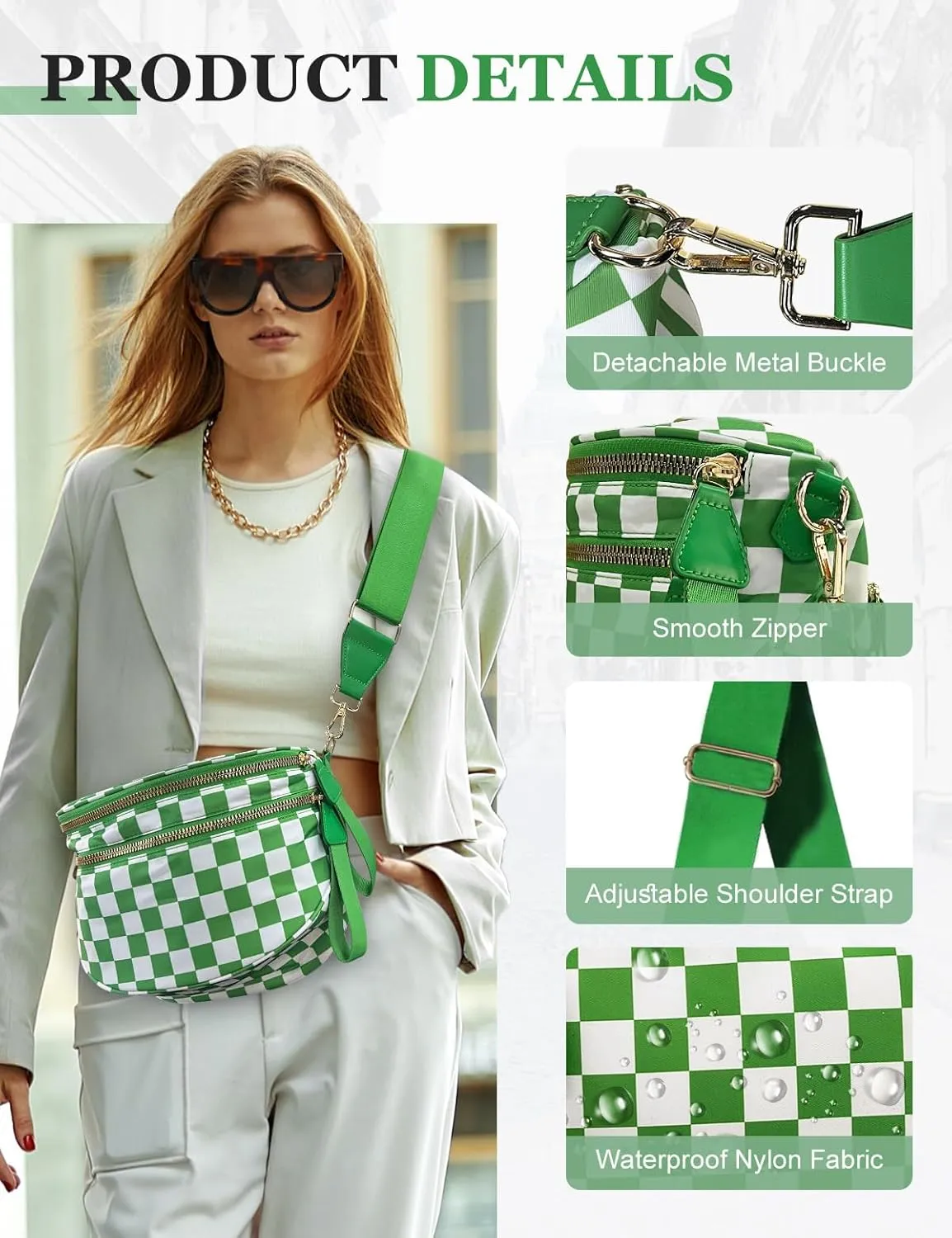 Checkered Nylon Crossbody Bag for Women, Spacious Checkered Bum Bag Purse Shoulder Bag Sling Bag with Shoulder Strap