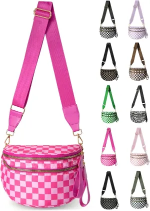 Checkered Nylon Crossbody Bag for Women, Spacious Checkered Bum Bag Purse Shoulder Bag Sling Bag with Shoulder Strap