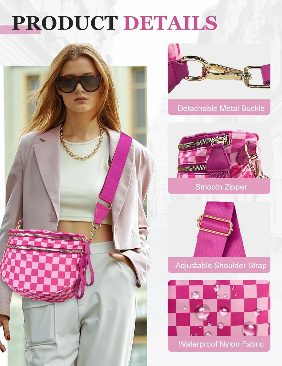 Checkered Nylon Crossbody Bag for Women, Spacious Checkered Bum Bag Purse Shoulder Bag Sling Bag with Shoulder Strap