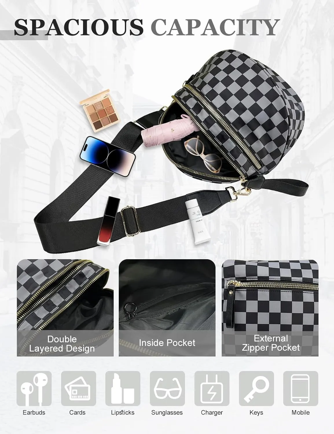Checkered Nylon Crossbody Bag for Women, Spacious Checkered Bum Bag Purse Shoulder Bag Sling Bag with Shoulder Strap