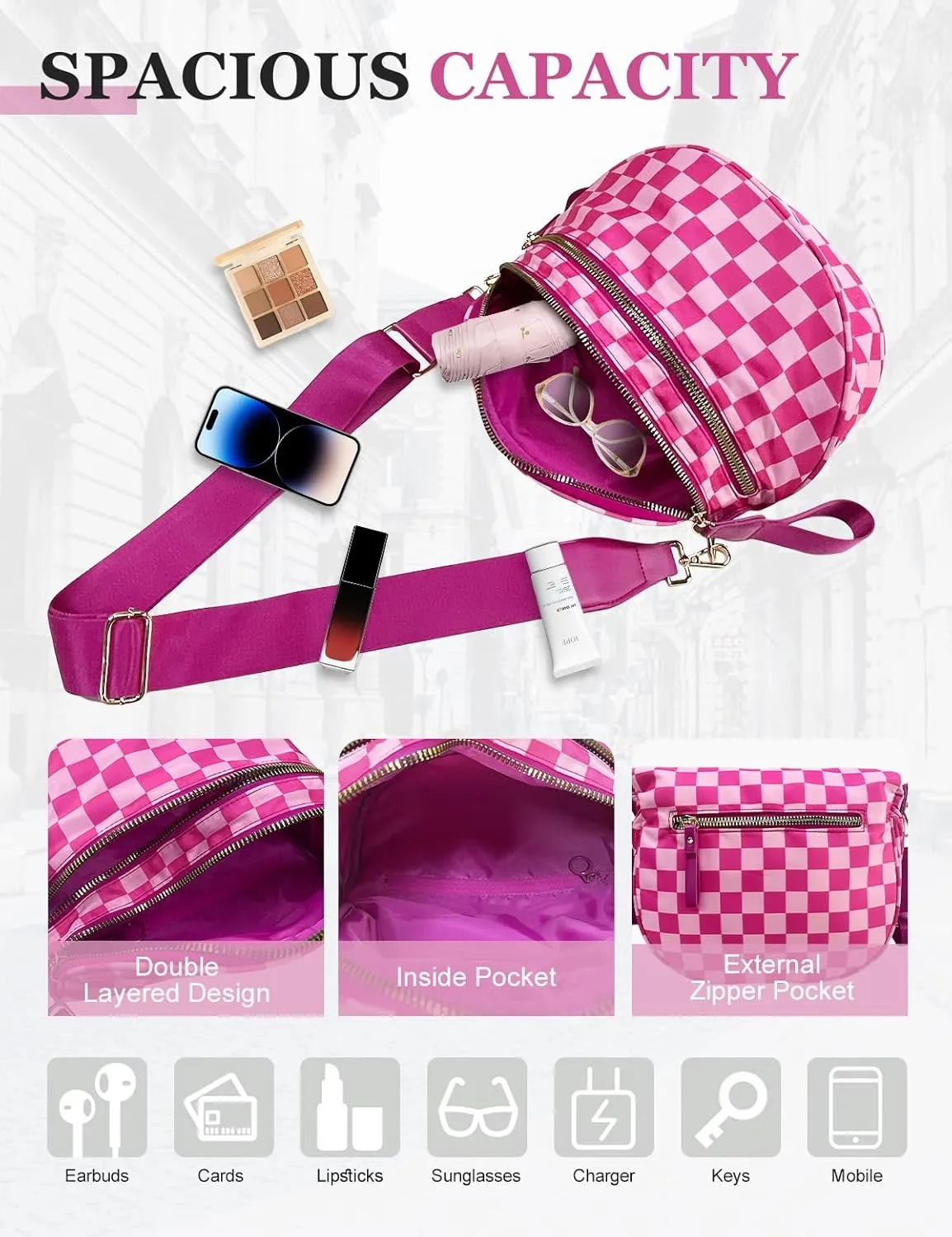 Checkered Nylon Crossbody Bag for Women, Spacious Checkered Bum Bag Purse Shoulder Bag Sling Bag with Shoulder Strap