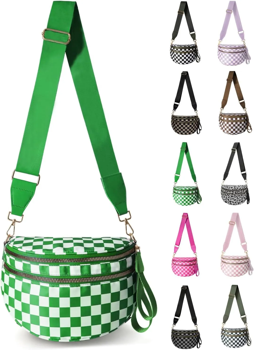Checkered Nylon Crossbody Bag for Women, Spacious Checkered Bum Bag Purse Shoulder Bag Sling Bag with Shoulder Strap