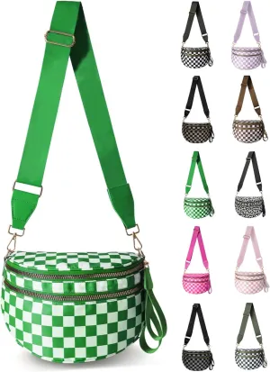 Checkered Nylon Crossbody Bag for Women, Spacious Checkered Bum Bag Purse Shoulder Bag Sling Bag with Shoulder Strap
