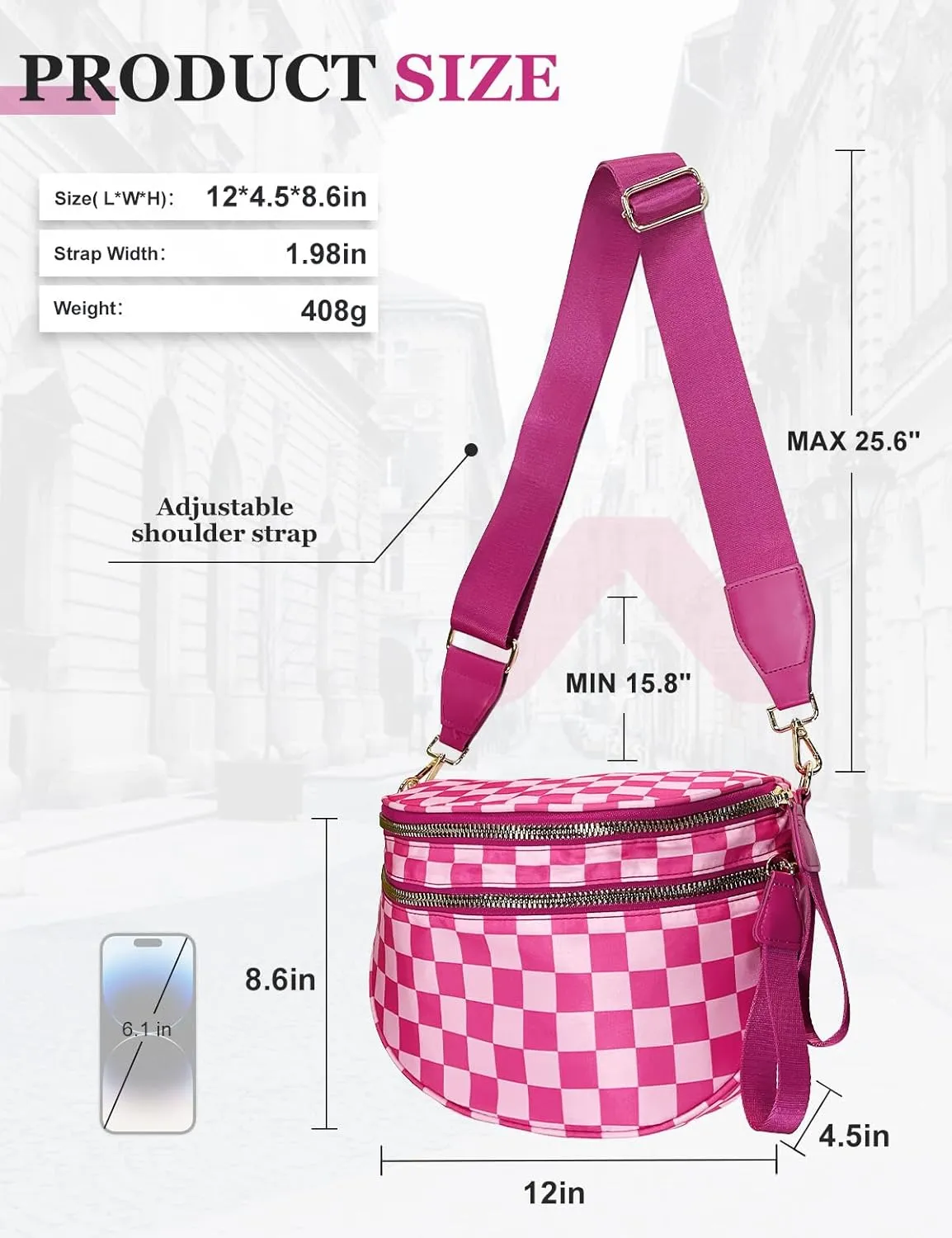 Checkered Nylon Crossbody Bag for Women, Spacious Checkered Bum Bag Purse Shoulder Bag Sling Bag with Shoulder Strap
