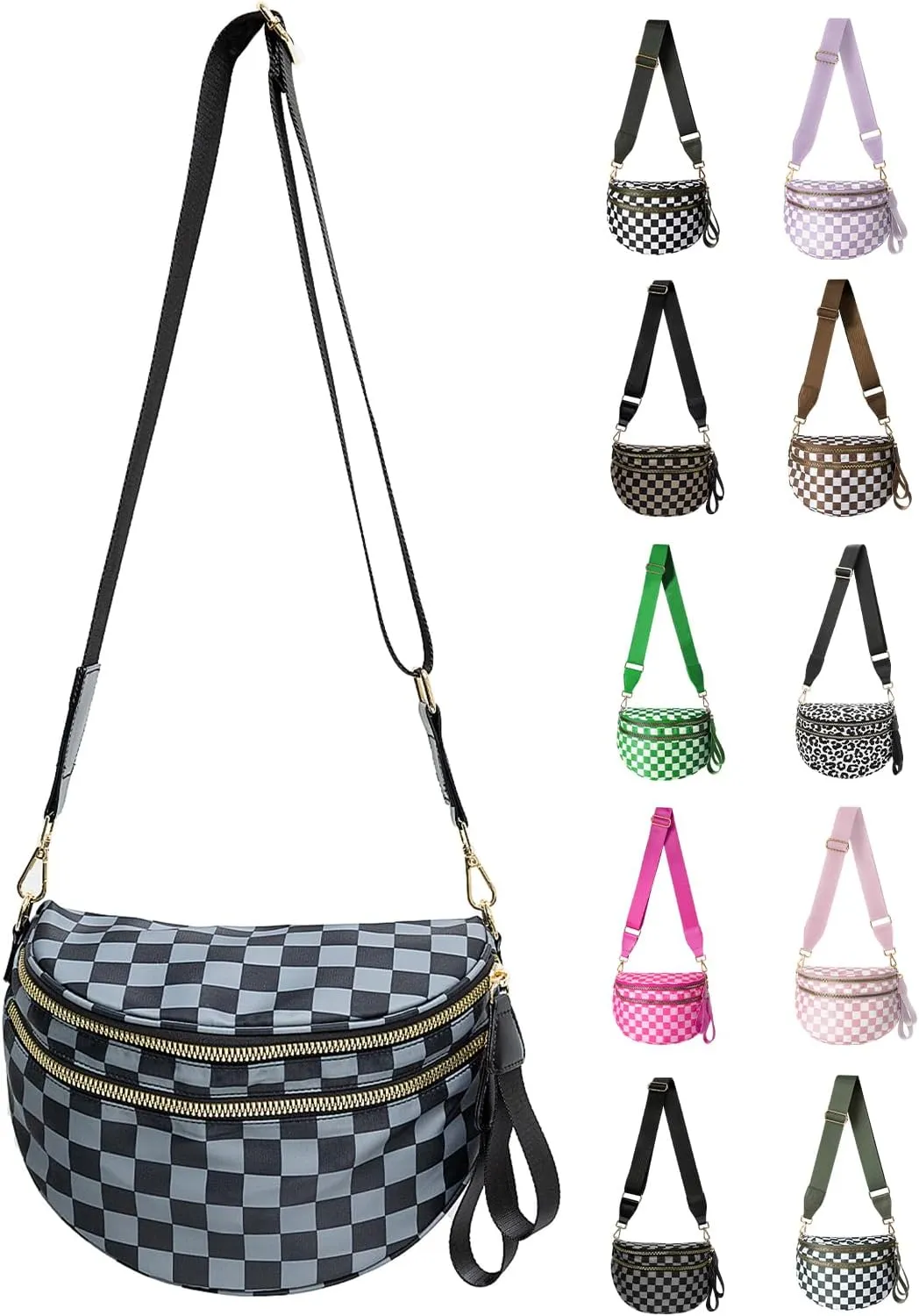 Checkered Nylon Crossbody Bag for Women, Spacious Checkered Bum Bag Purse Shoulder Bag Sling Bag with Shoulder Strap