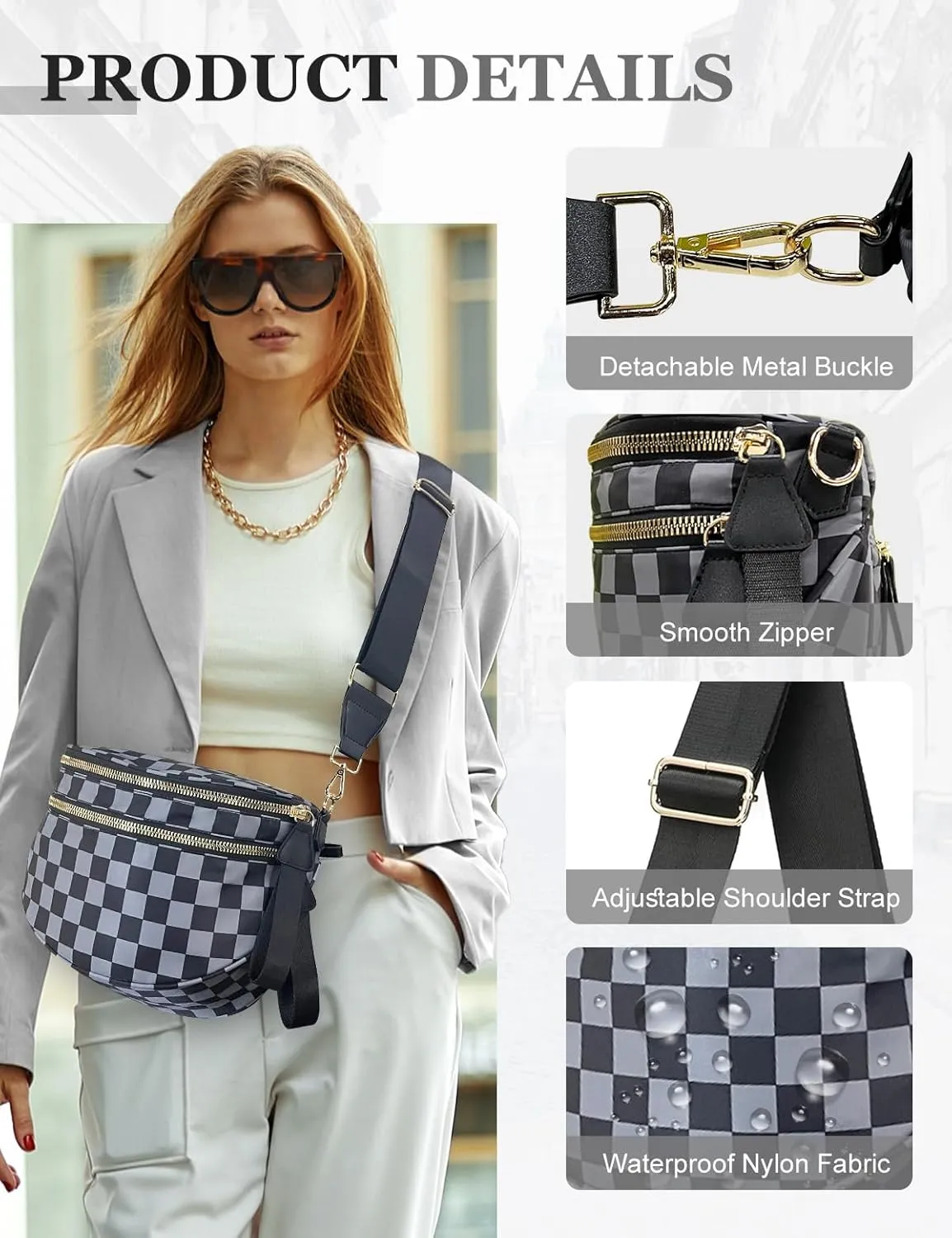 Checkered Nylon Crossbody Bag for Women, Spacious Checkered Bum Bag Purse Shoulder Bag Sling Bag with Shoulder Strap