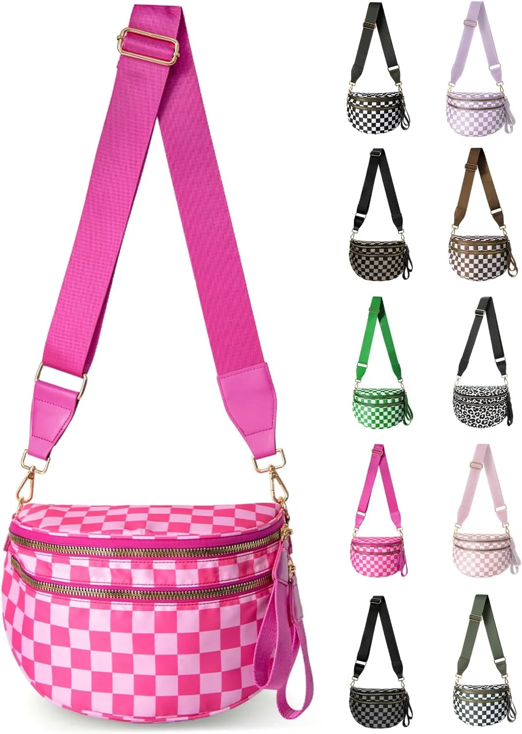 Checkered Nylon Crossbody Bag for Women, Spacious Checkered Bum Bag Purse Shoulder Bag Sling Bag with Shoulder Strap