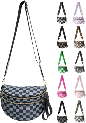Checkered Nylon Crossbody Bag for Women, Spacious Checkered Bum Bag Purse Shoulder Bag Sling Bag with Shoulder Strap