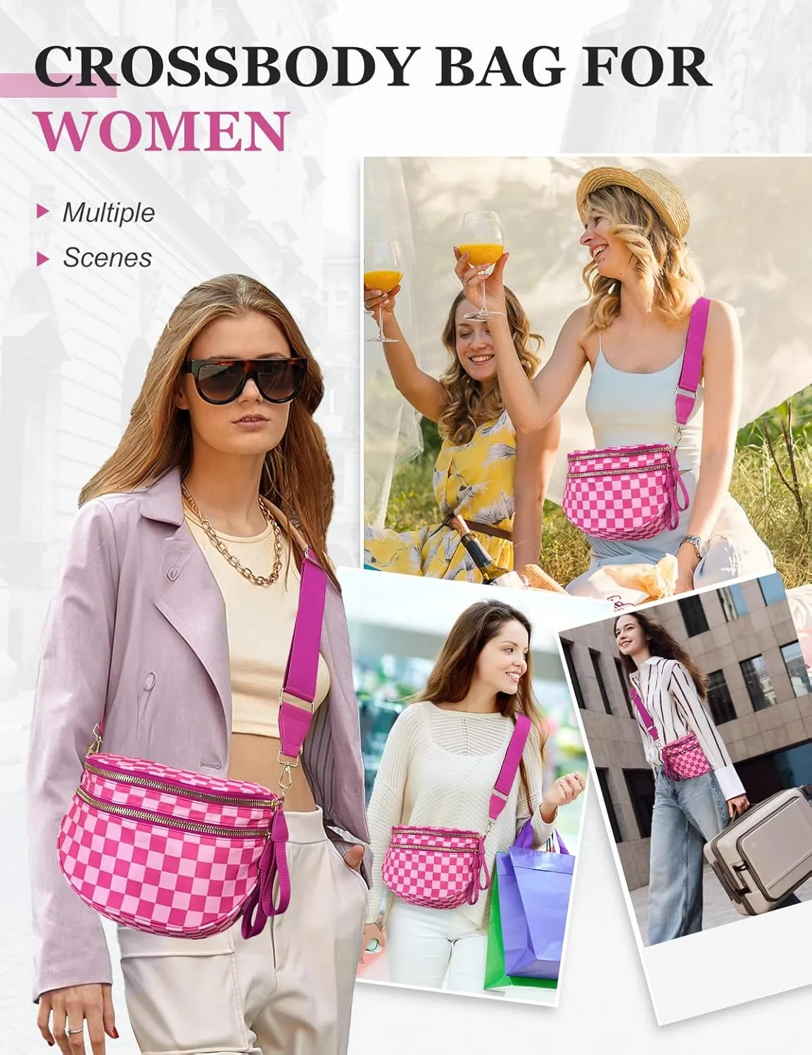 Checkered Nylon Crossbody Bag for Women, Spacious Checkered Bum Bag Purse Shoulder Bag Sling Bag with Shoulder Strap
