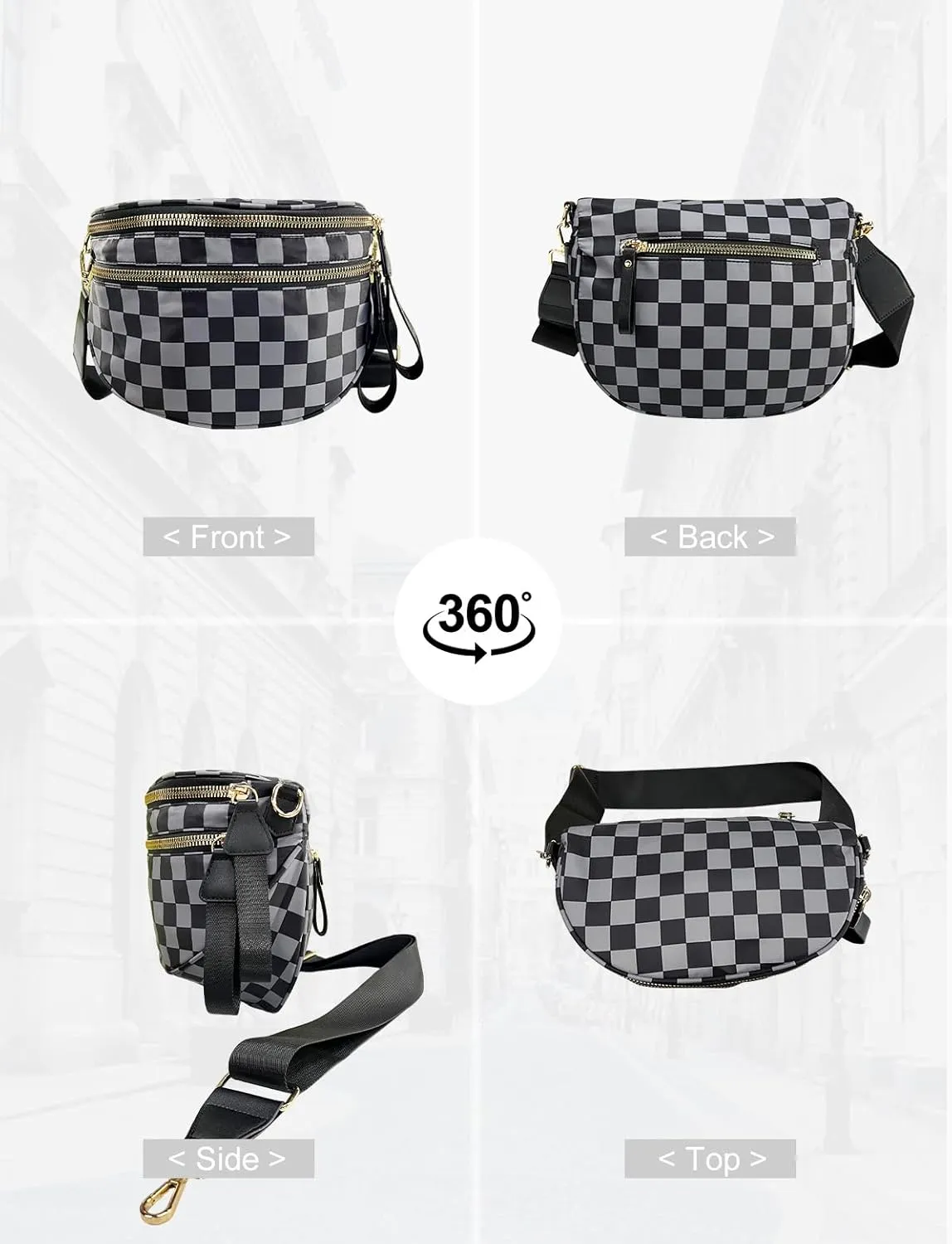 Checkered Nylon Crossbody Bag for Women, Spacious Checkered Bum Bag Purse Shoulder Bag Sling Bag with Shoulder Strap