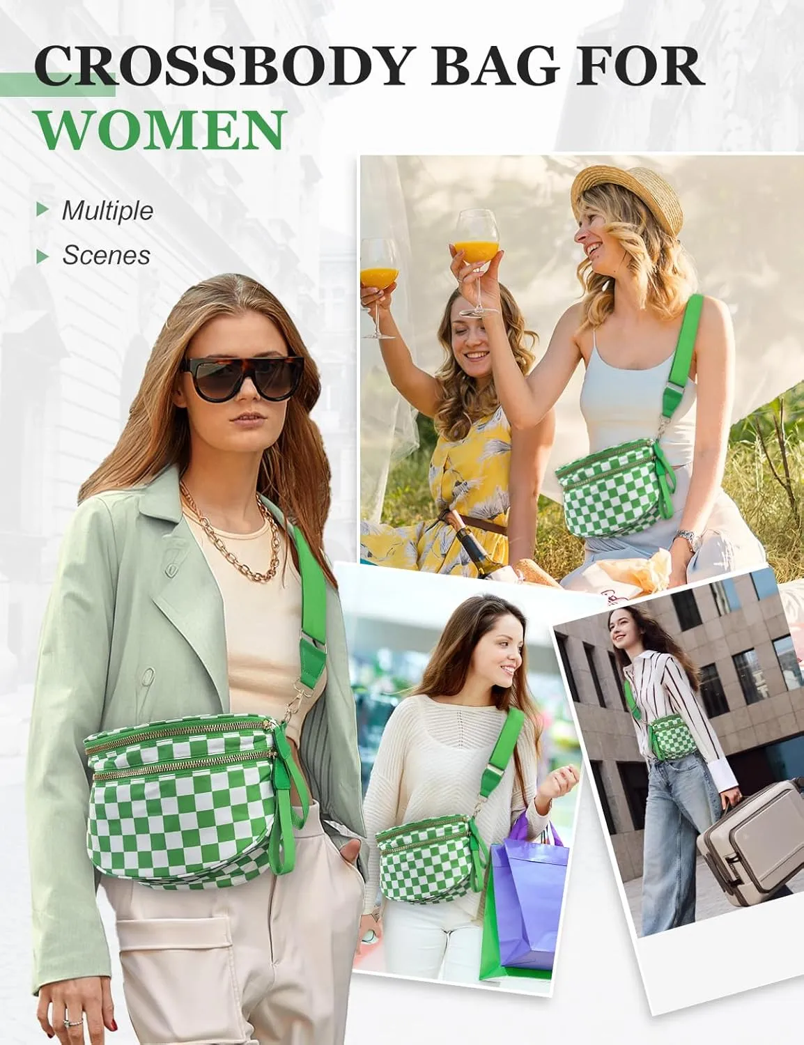 Checkered Nylon Crossbody Bag for Women, Spacious Checkered Bum Bag Purse Shoulder Bag Sling Bag with Shoulder Strap