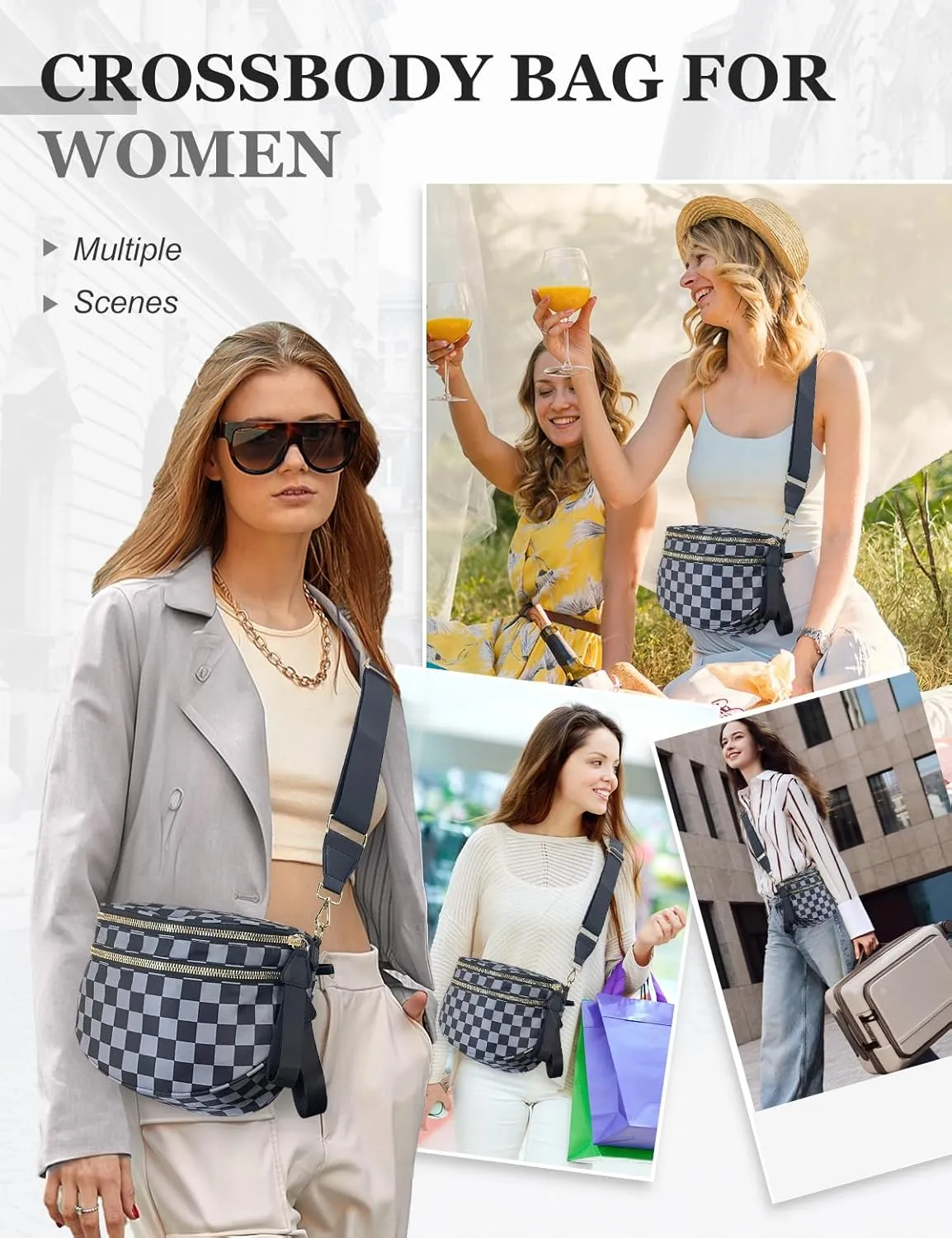 Checkered Nylon Crossbody Bag for Women, Spacious Checkered Bum Bag Purse Shoulder Bag Sling Bag with Shoulder Strap