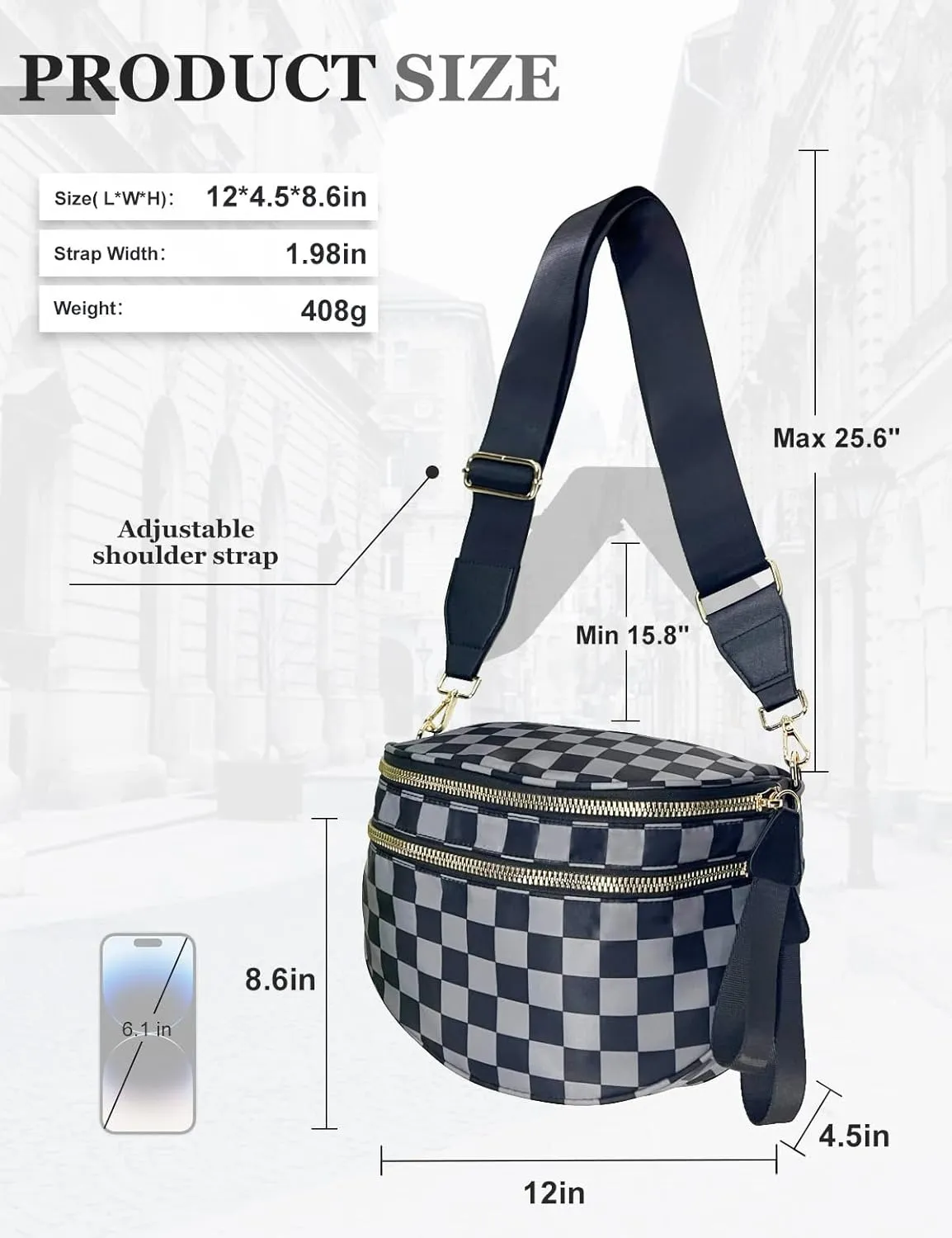 Checkered Nylon Crossbody Bag for Women, Spacious Checkered Bum Bag Purse Shoulder Bag Sling Bag with Shoulder Strap