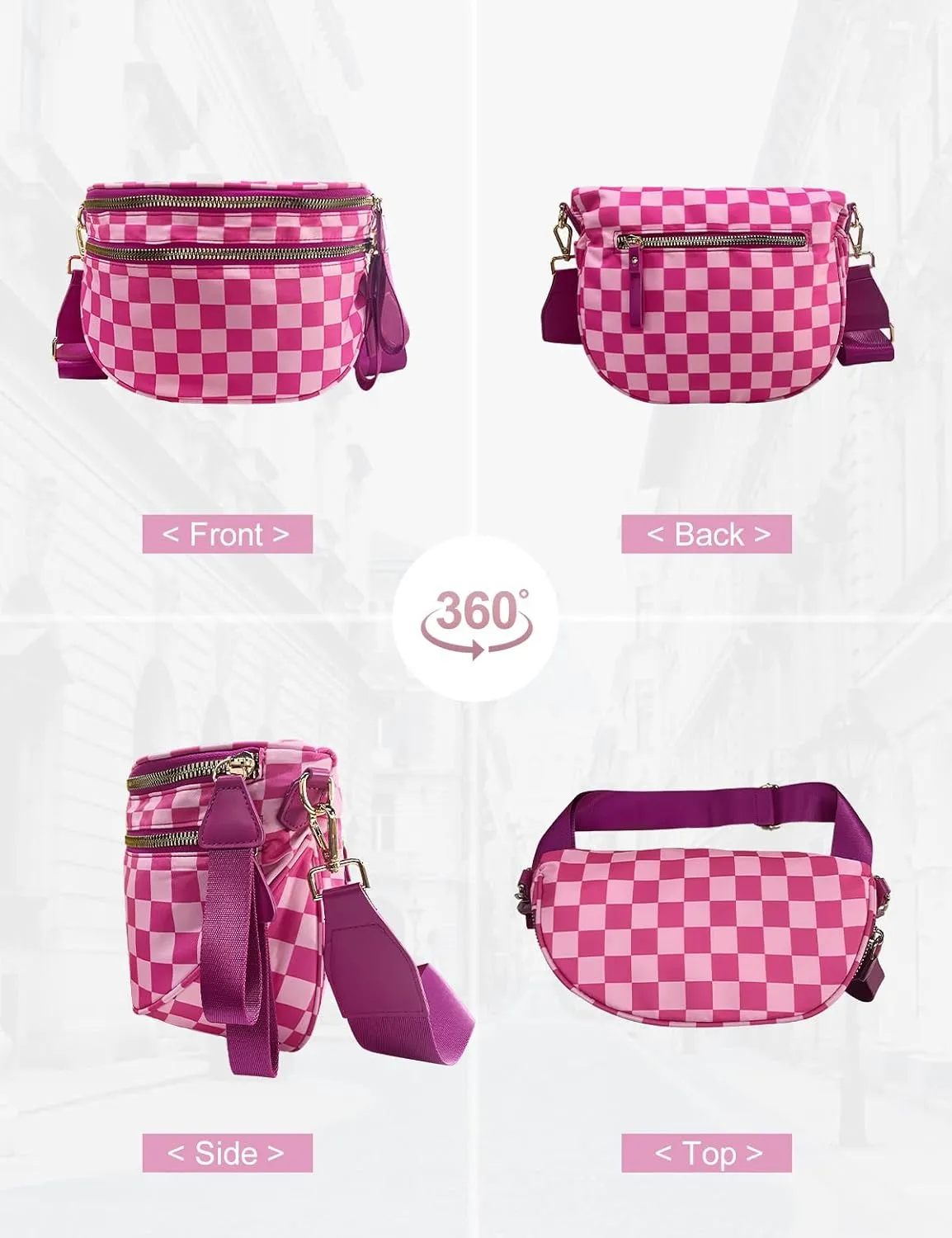Checkered Nylon Crossbody Bag for Women, Spacious Checkered Bum Bag Purse Shoulder Bag Sling Bag with Shoulder Strap