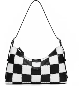 Checkered Shoulder Bag for Women,Trendy Crossbody Bag Leather Tote Bag Classic Black and White Purse Hobo Bag with Strap