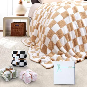 Checkered Throw Blanket, Knitted Checkerboard Grid Warmer Fluffy Shaggy Soft Cozy Fuzzy Bed Best Gifts for Mom Women with Box for Home Chair Sofa Couch