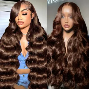 Chocolate Brown Human Hair Wig 28 Inch 13x6 HD Colored Frontal Wigs Body Wave 200 Density Pre Plucked Brown Glueless Body Wave Human Hair Wigs for Women