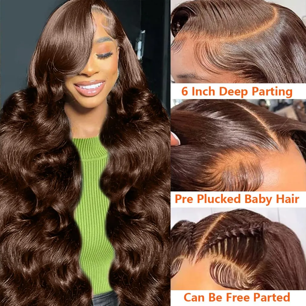 Chocolate Brown Human Hair Wig 28 Inch 13x6 HD Colored Frontal Wigs Body Wave 200 Density Pre Plucked Brown Glueless Body Wave Human Hair Wigs for Women