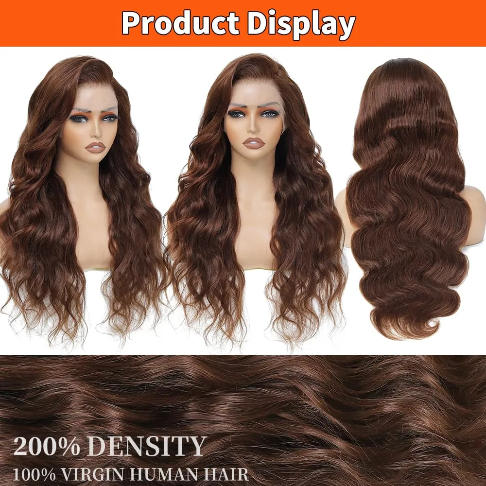 Chocolate Brown Human Hair Wig 28 Inch 13x6 HD Colored Frontal Wigs Body Wave 200 Density Pre Plucked Brown Glueless Body Wave Human Hair Wigs for Women