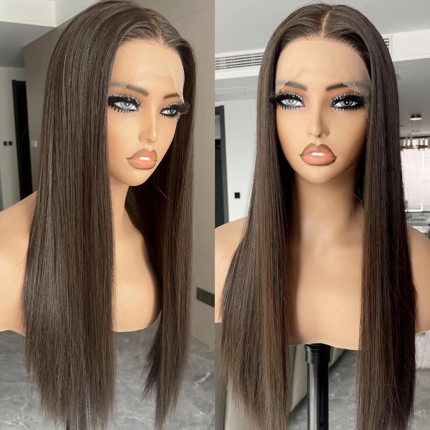 Chocolate Brown Lace Front Wig, 13x4 Synthetic Lace Wigs Pre Plucked 26inch Long Straight Glueless Dark Brown Wig For Black Women Beginner Friendly Suitable For Everyday Wear