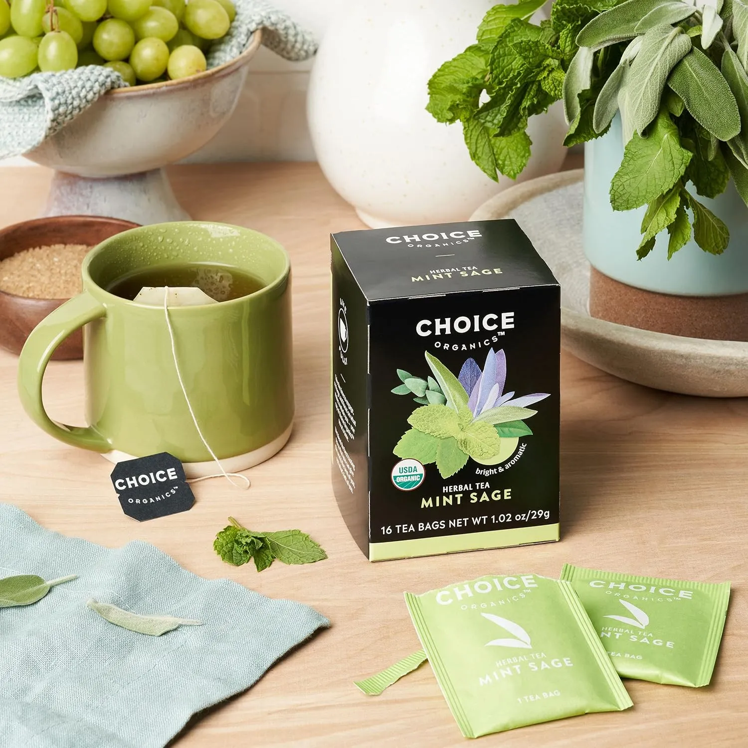 Choice Organic Mint Sage Herbal Tea, Caffeine Free, 16 Bags (Pack Of 6)