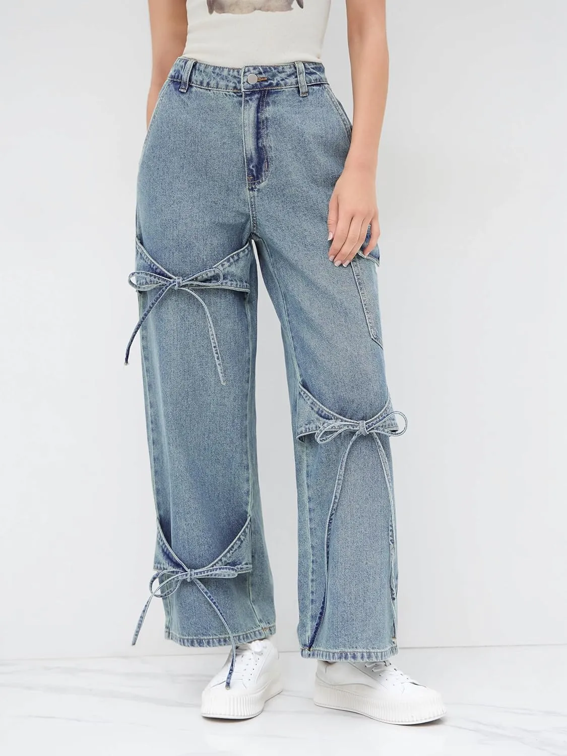 CIDER Baggy Jeans for Women High Waisted Wide Straight Leg Bow Jeans Denim Pants