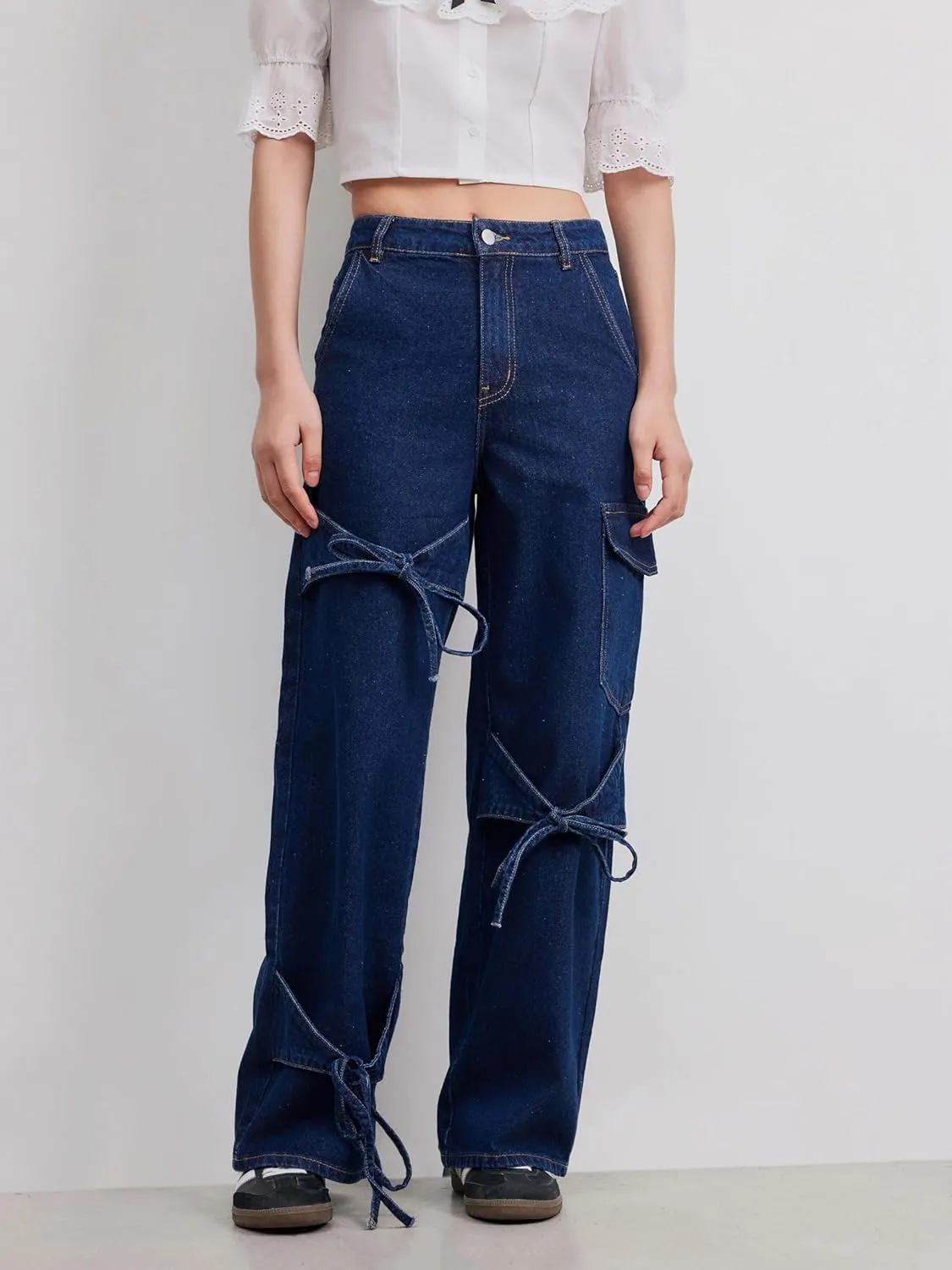 CIDER Baggy Jeans for Women High Waisted Wide Straight Leg Bow Jeans Denim Pants