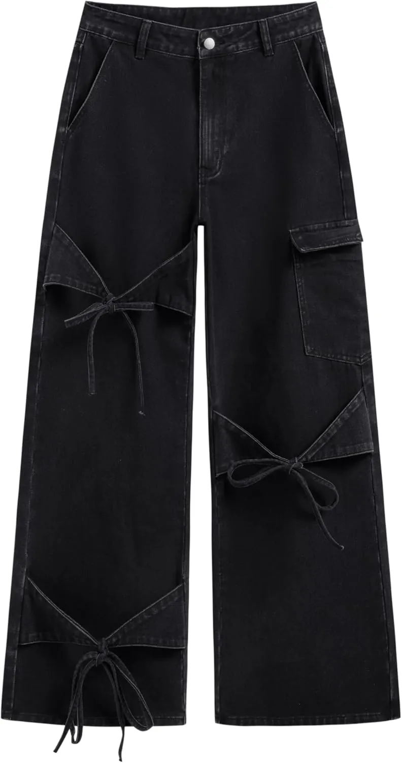 CIDER Baggy Jeans for Women High Waisted Wide Straight Leg Bow Jeans Denim Pants