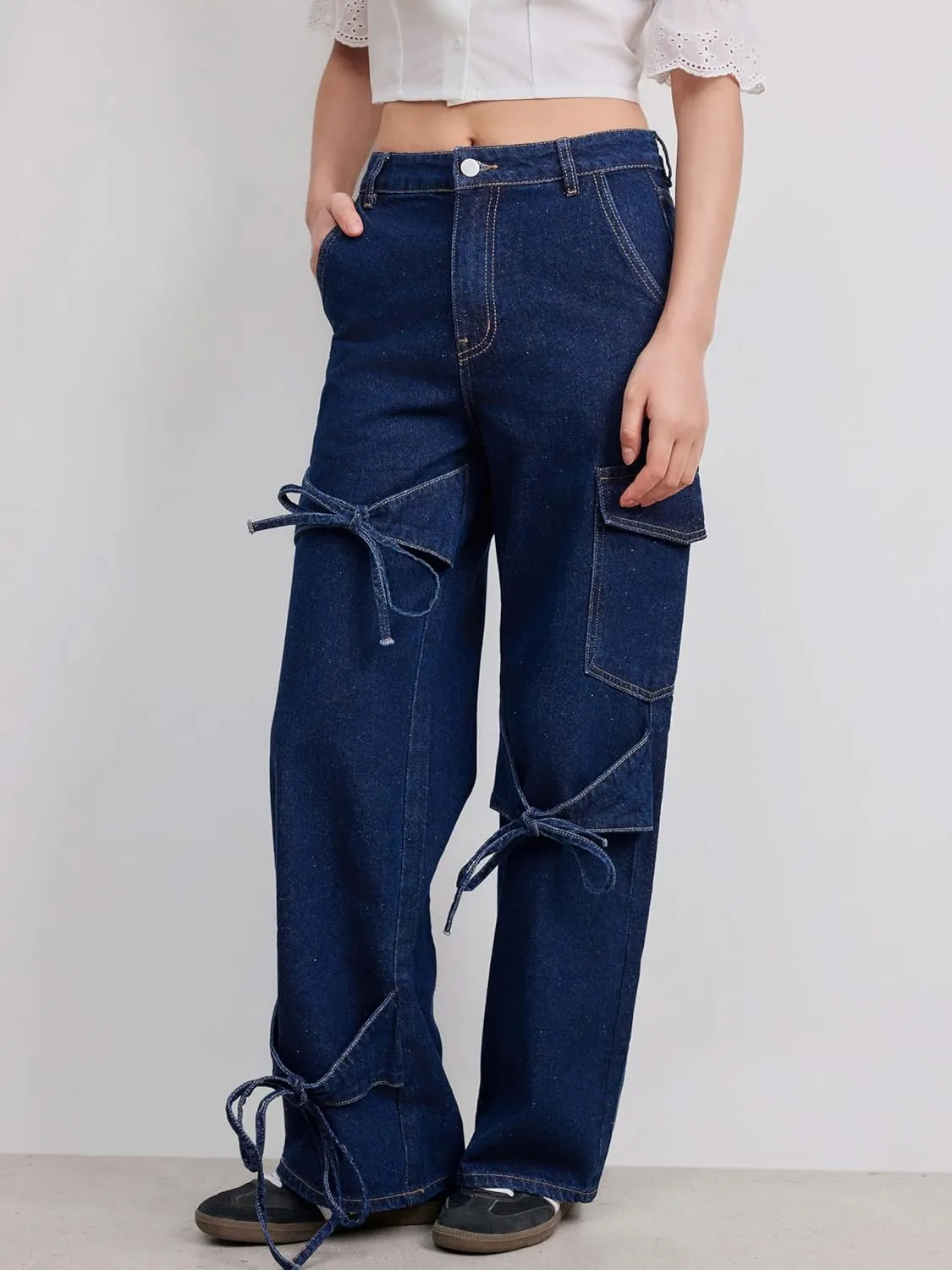 CIDER Baggy Jeans for Women High Waisted Wide Straight Leg Bow Jeans Denim Pants
