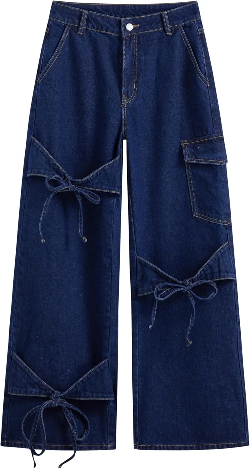 CIDER Baggy Jeans for Women High Waisted Wide Straight Leg Bow Jeans Denim Pants